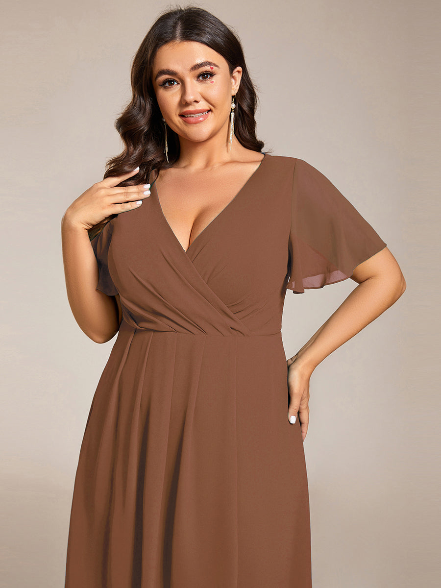 Taille personnalisée Robe D'invité De Mariage En Mousseline De Soie Mi-Longue Plissée à Manches à Volants Et Col En V #Couleur_Brun