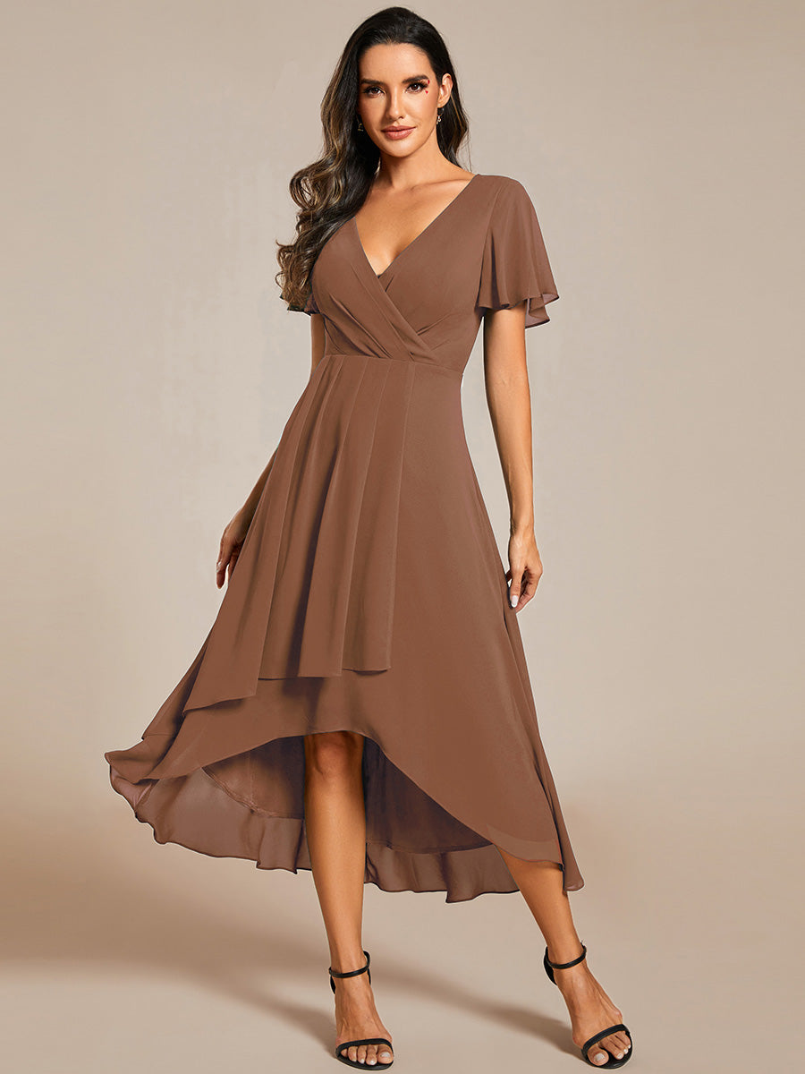 Taille personnalisée Robe D'invité De Mariage En Mousseline De Soie Mi-Longue Plissée à Manches à Volants Et Col En V #Couleur_Brun