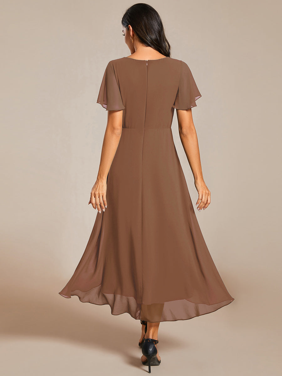 Taille personnalisée Robe D'invité De Mariage En Mousseline De Soie Mi-Longue Plissée à Manches à Volants Et Col En V #Couleur_Brun