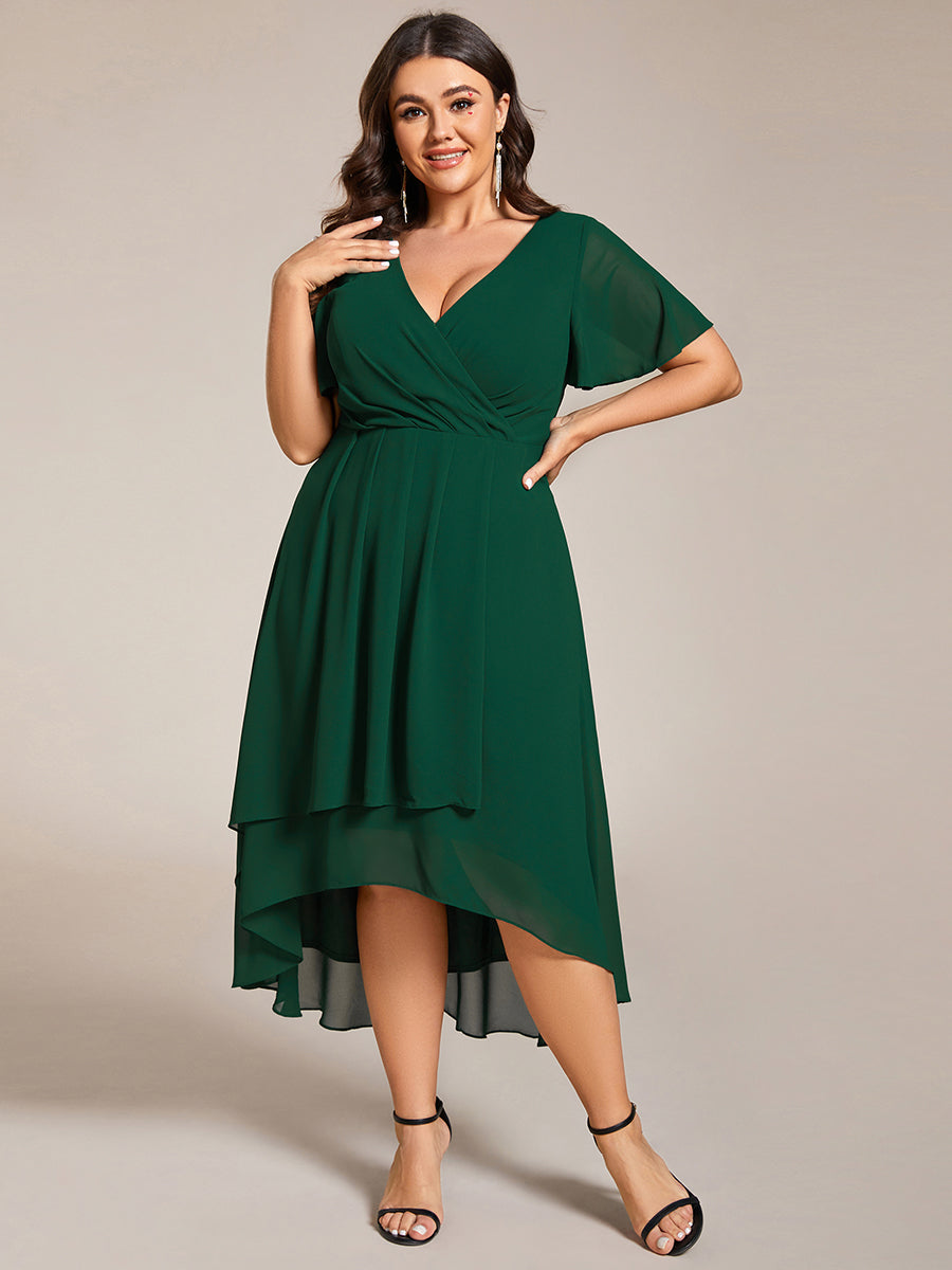 Robe D'invité De Mariage En Mousseline De Soie Mi-Longue Plissée à Manches à Volants Et Col En V #Couleur_Vert Fonce