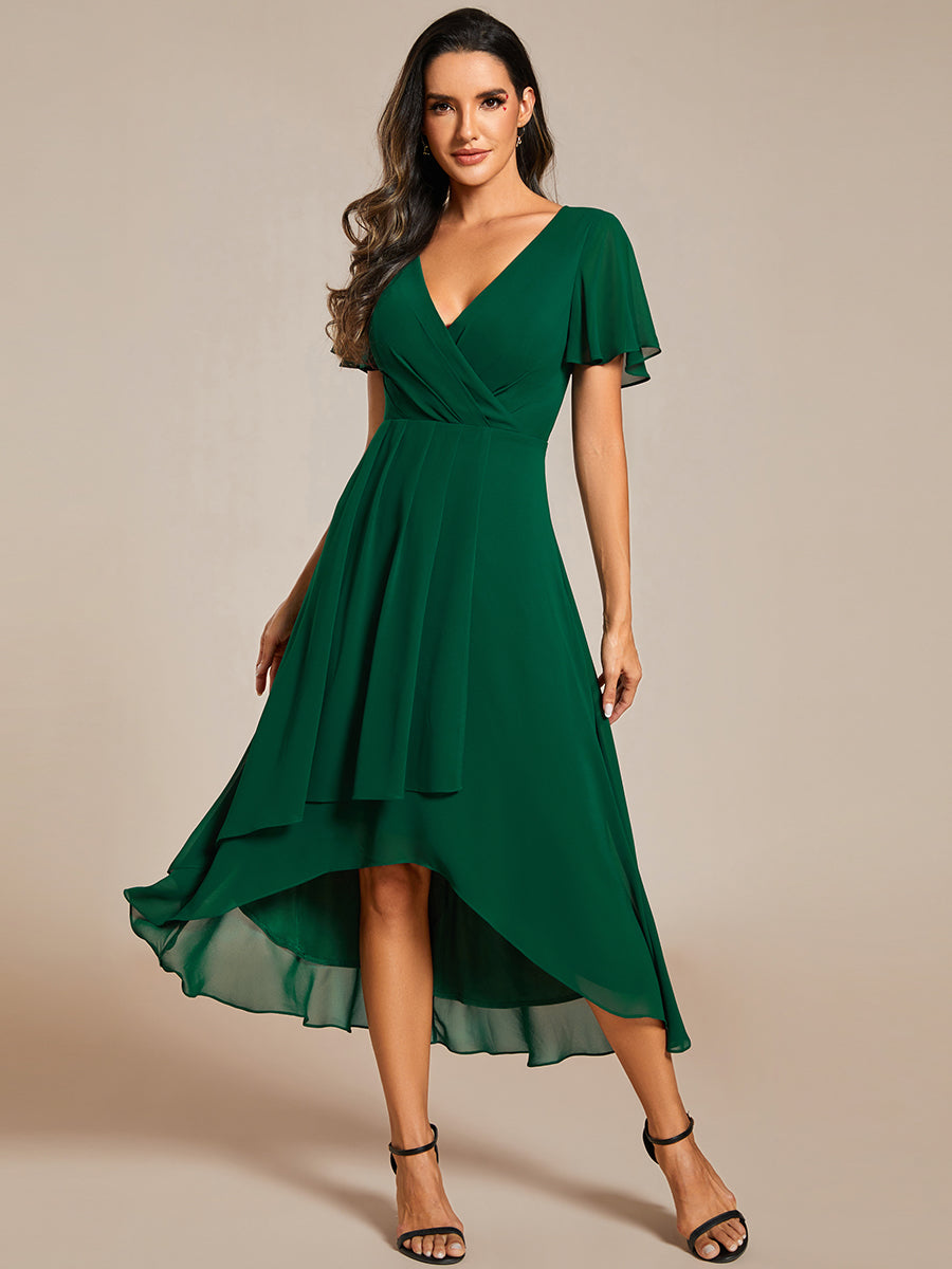 Robe D'invité De Mariage En Mousseline De Soie Mi-Longue Plissée à Manches à Volants Et Col En V #Couleur_Vert Fonce