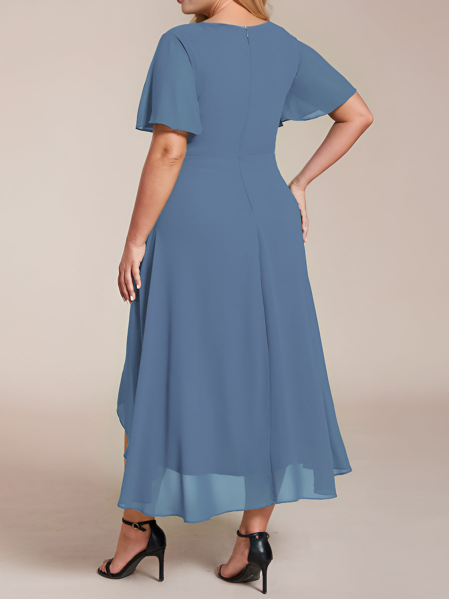 Robe D'invité De Mariage En Mousseline De Soie Mi-Longue Plissée à Manches à Volants Et Col En V #Couleur_Marine Fume