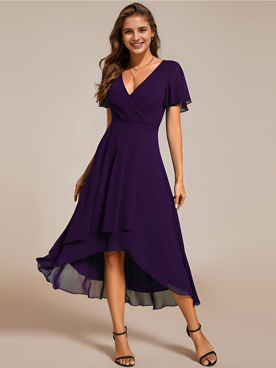 Robe D'invité De Mariage En Mousseline De Soie Mi-Longue Plissée à Manches à Volants Et Col En V #Couleur_Violet Fonce