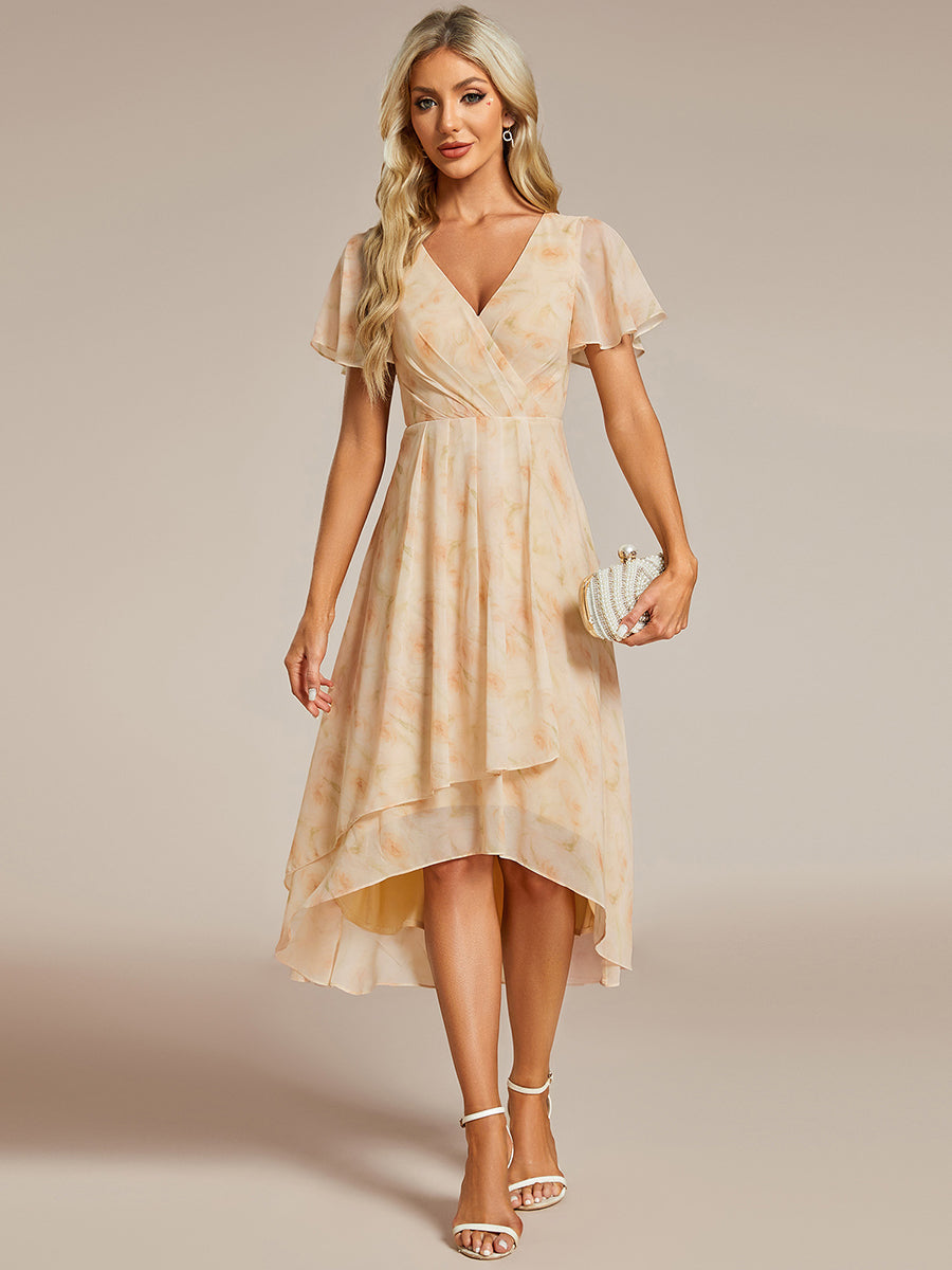 Robe D'invité De Mariage En Mousseline De Soie Mi-Longue Plissée à Manches à Volants Et Col En V #Couleur_Roses Dorées