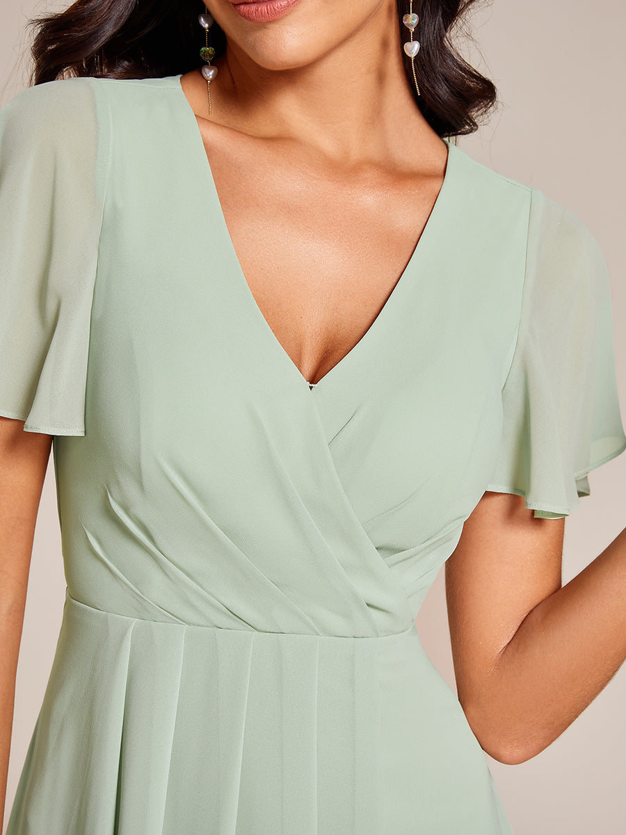 Robe D'invité De Mariage En Mousseline De Soie Mi-Longue Plissée à Manches à Volants Et Col En V #Couleur_Menthe Verte