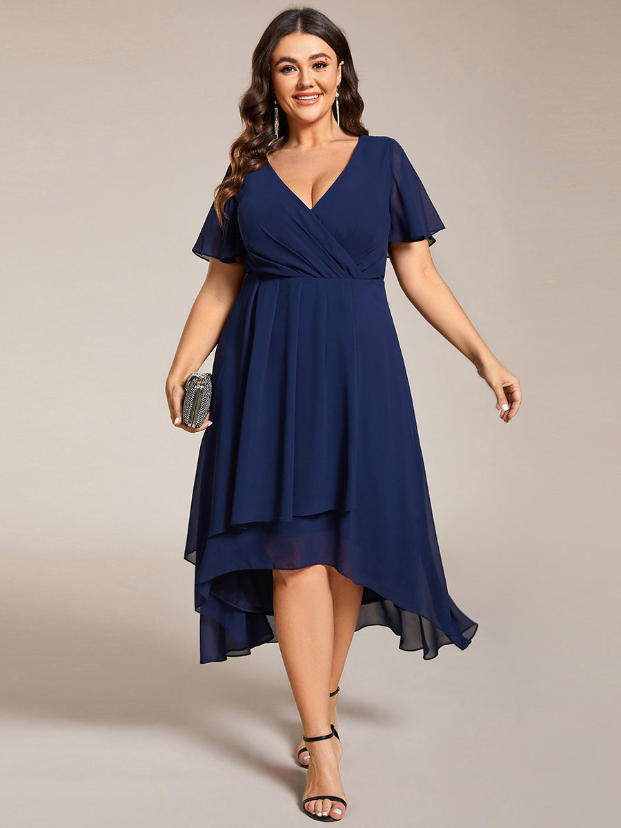 Grande Taille Robe D'invit?¡ã| De Mariage Mi-Longue Pliss?¡ã|e En Mousseline De Soie ?¡㡧N Manches Courtes Et Col En V De #Couleur_Bleu Marine