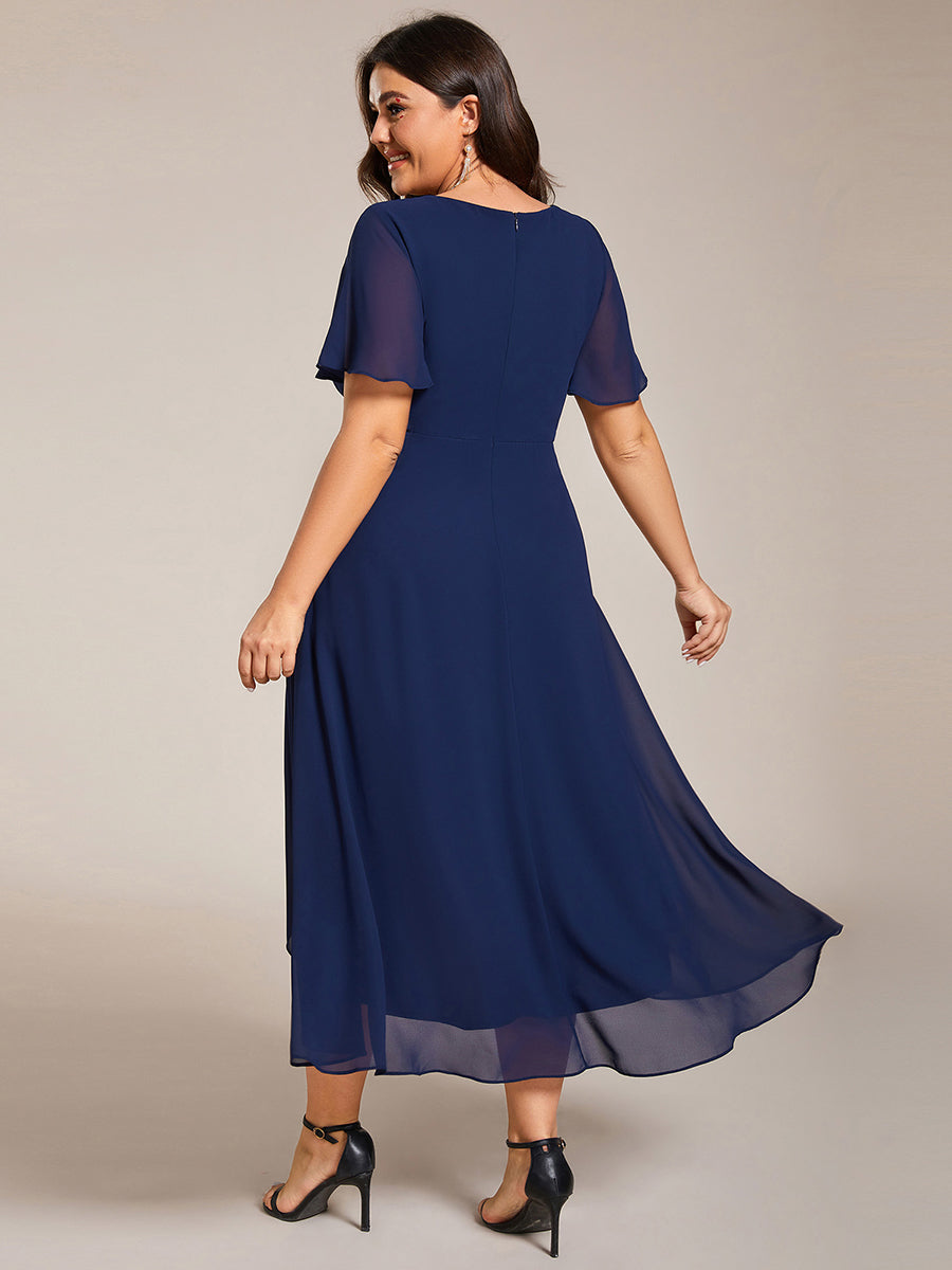 Grande Taille Robe D'invit?¡ã| De Mariage Mi-Longue Pliss?¡ã|e En Mousseline De Soie ?¡㡧N Manches Courtes Et Col En V De #Couleur_Bleu Marine