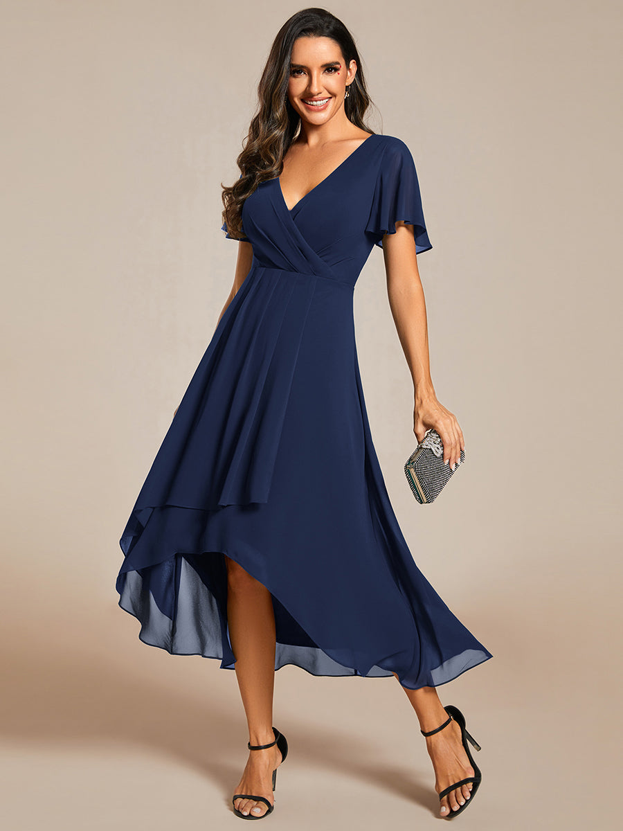 Robe D'invité De Mariage En Mousseline De Soie Mi-Longue Plissée à Manches à Volants Et Col En V #Couleur_Bleu Marine