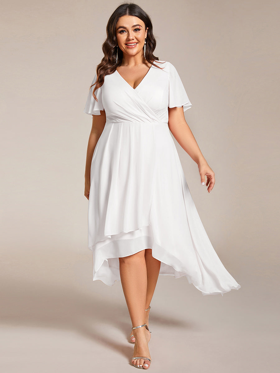 Grande Taille Robe D'invit?¡ã| De Mariage Mi-Longue Pliss?¡ã|e En Mousseline De Soie ?¡㡧N Manches Courtes Et Col En V De #Couleur_Blanc