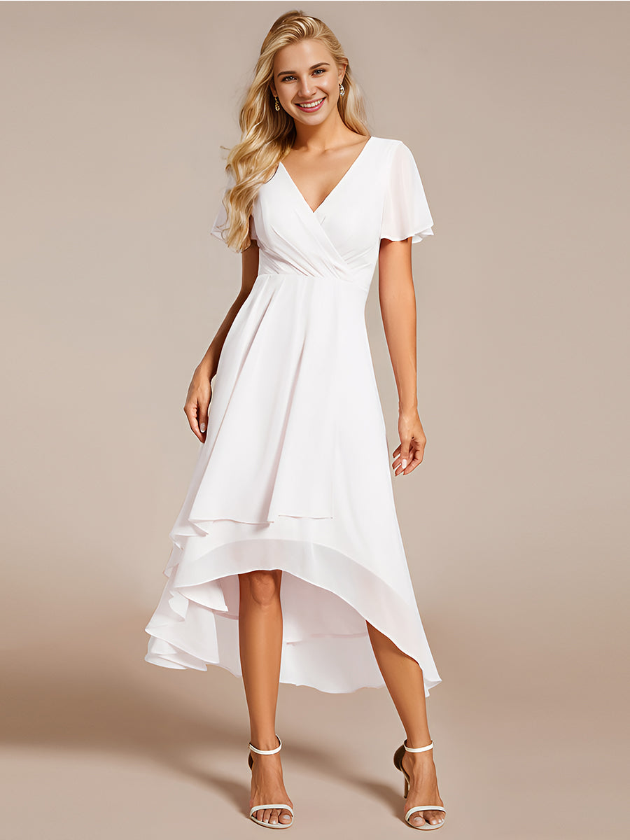 Robe D'invité De Mariage En Mousseline De Soie Mi-Longue Plissée à Manches à Volants Et Col En V #Couleur_Blanc