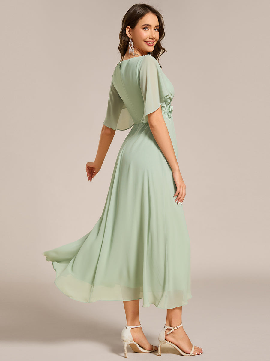 Robe d'invité de mariage mi-longue en mousseline de soie à col en V de grande taille avec applique à la taille #Couleur_Menthe Verte