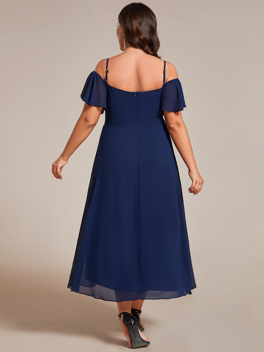 Robes d'invitées de mariage en mousseline de soie, grande taille, épaules dénudées, hautes et basses, manches courtes #Couleur_Bleu Marine