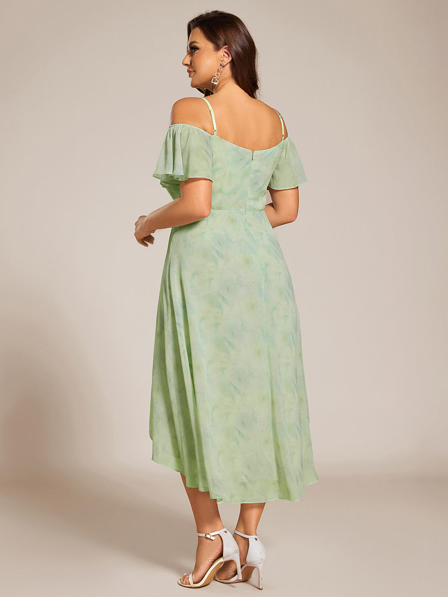 Robes d'invitées de mariage en mousseline de soie, grande taille, épaules dénudées, hautes et basses, manches courtes #Couleur_Roses Vert Clair