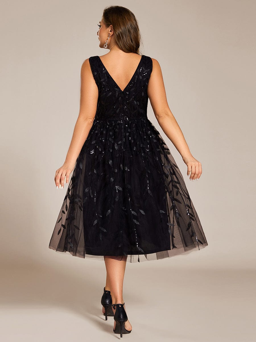 Robe d'invitée de mariage mi-longue à paillettes et feuilles grande taille #Couleur_Noir