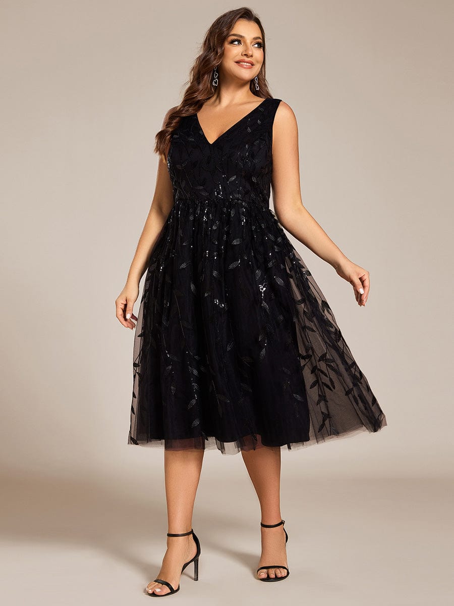 Robe d'invitée de mariage mi-longue à paillettes et feuilles grande taille #Couleur_Noir