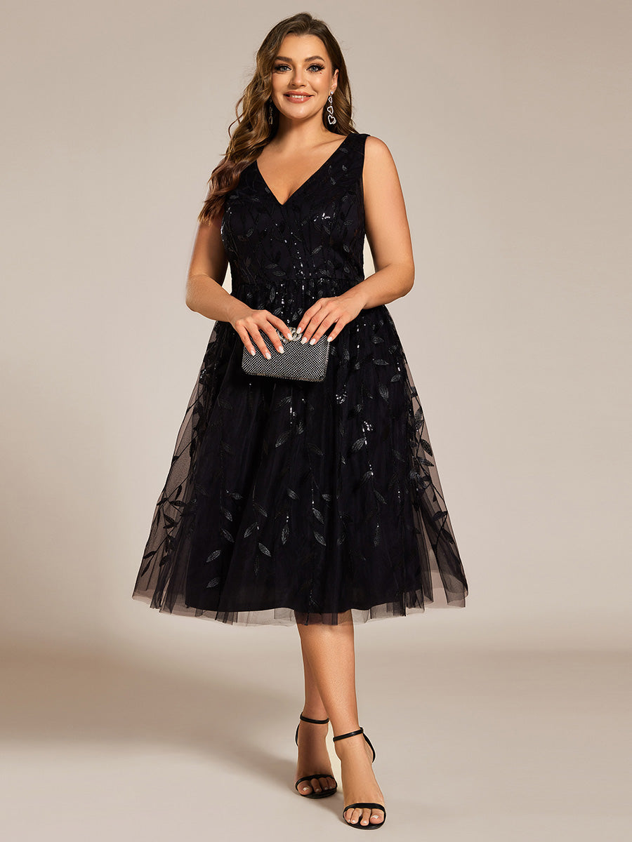 Robe d'invité de mariage mi-longue trapèze à col en V et paillettes avec sans manches #Couleur_Noir