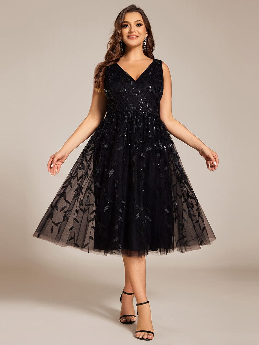 Robe d'invitée de mariage mi-longue à paillettes et feuilles grande taille #Couleur_Noir