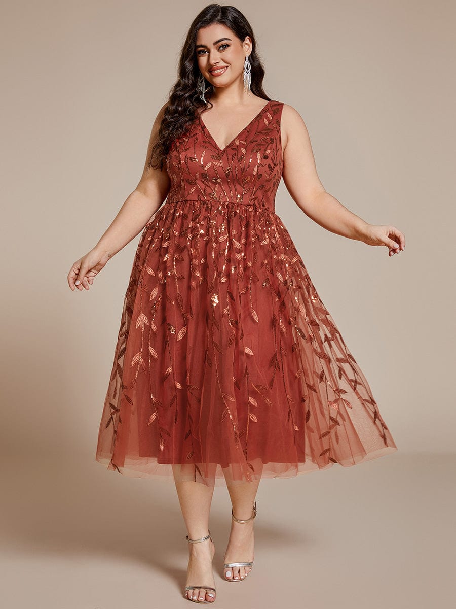 Robe d'invitée de mariage mi-longue à paillettes et feuilles grande taille #Couleur_Orange Brûlée