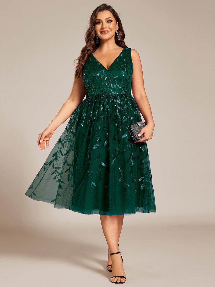 Robe d'invité de mariage mi-longue trapèze à col en V et paillettes avec sans manches #Couleur_Vert Fonce