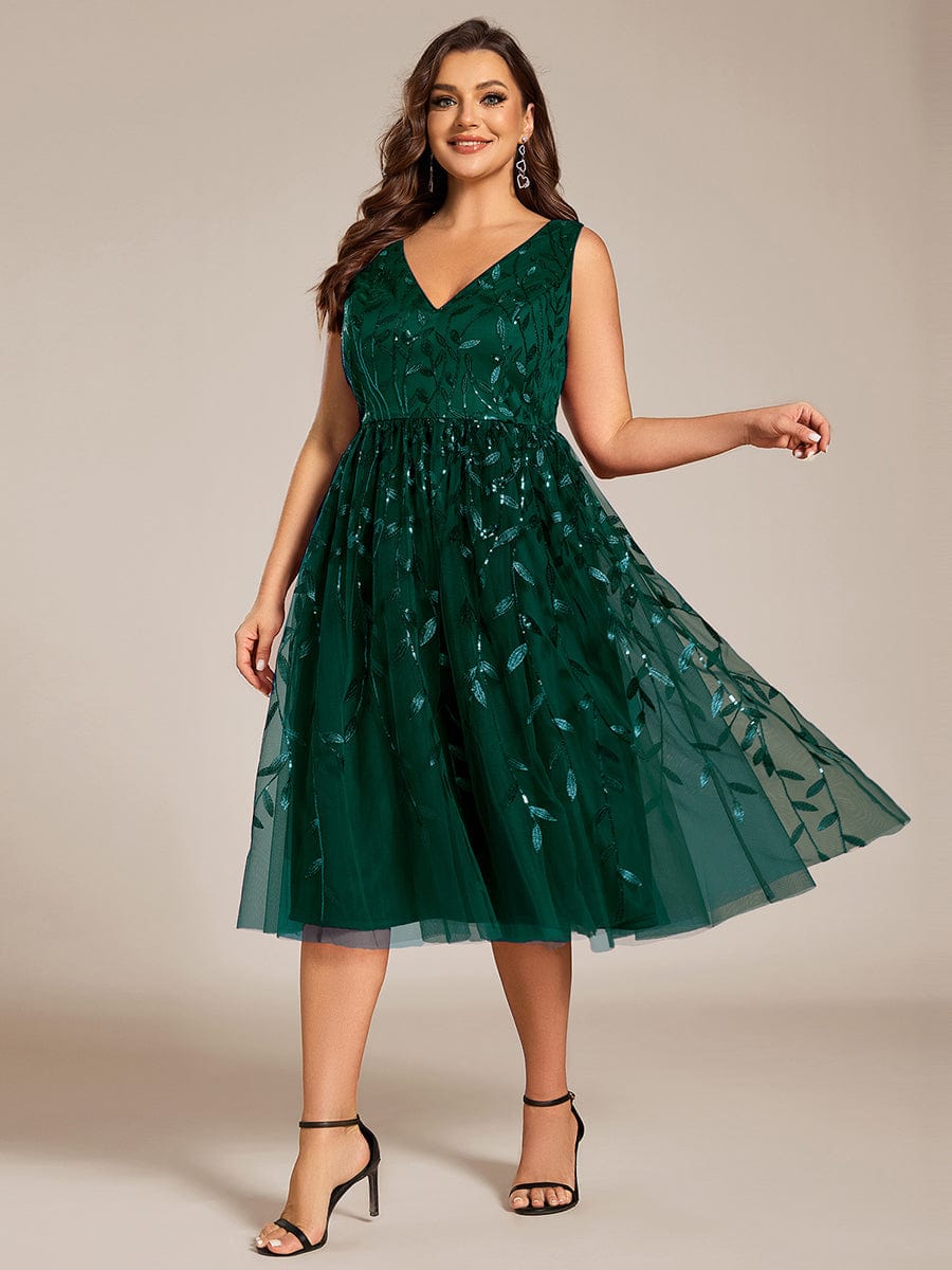 Robe d'invité de mariage mi-longue trapèze à col en V et paillettes avec sans manches #Couleur_Vert Fonce