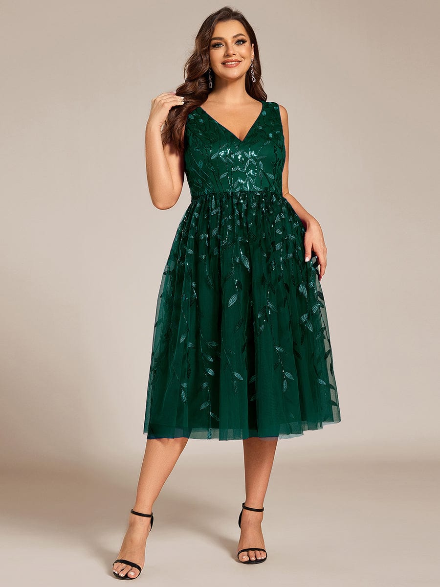 Robe d'invité de mariage mi-longue trapèze à col en V et paillettes avec sans manches #Couleur_Vert Fonce