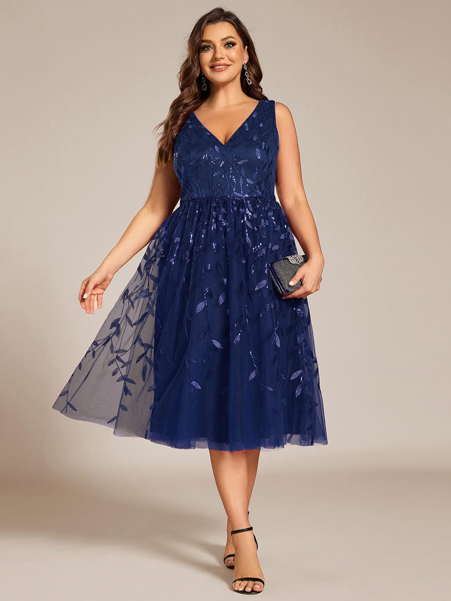 Robe d'invitée de mariage mi-longue à paillettes et feuilles grande taille #Couleur_Bleu Marine