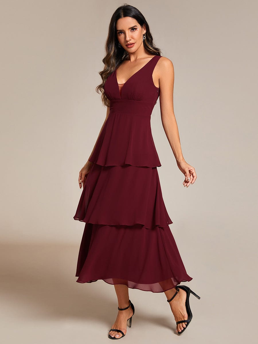 Robe d'invité de mariage en mousseline de soie, ourlet superposé, col en V, sans manches, ligne a #Couleur_Bordeaux