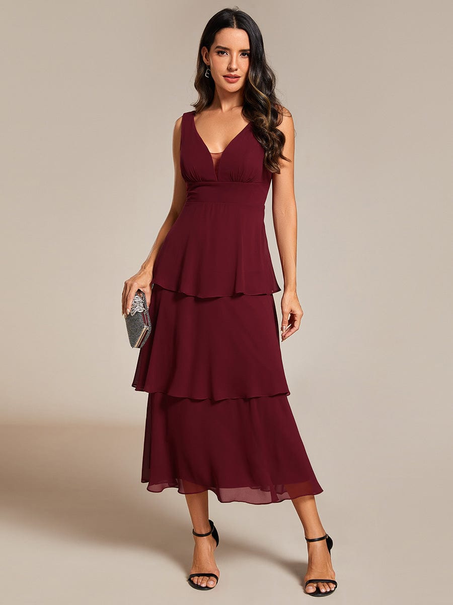 Robe d'invité de mariage en mousseline de soie, ourlet superposé, col en V, sans manches, ligne a #Couleur_Bordeaux