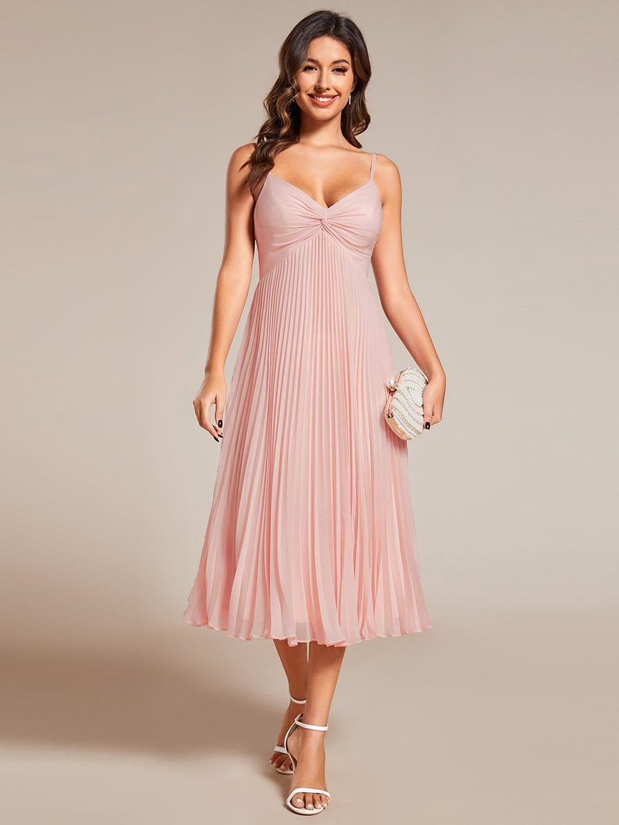 Robe d'invité de mariage dos nu plissée en mousseline de soie mi-longue avec col en V #Couleur_Rose