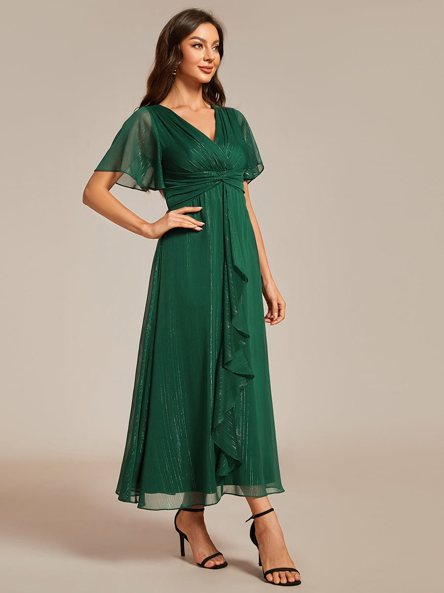 Robe d'invité de mariage mi-longue trapèze à manches courtes et paillettes avec ourlet à volants #Couleur_Vert Fonce