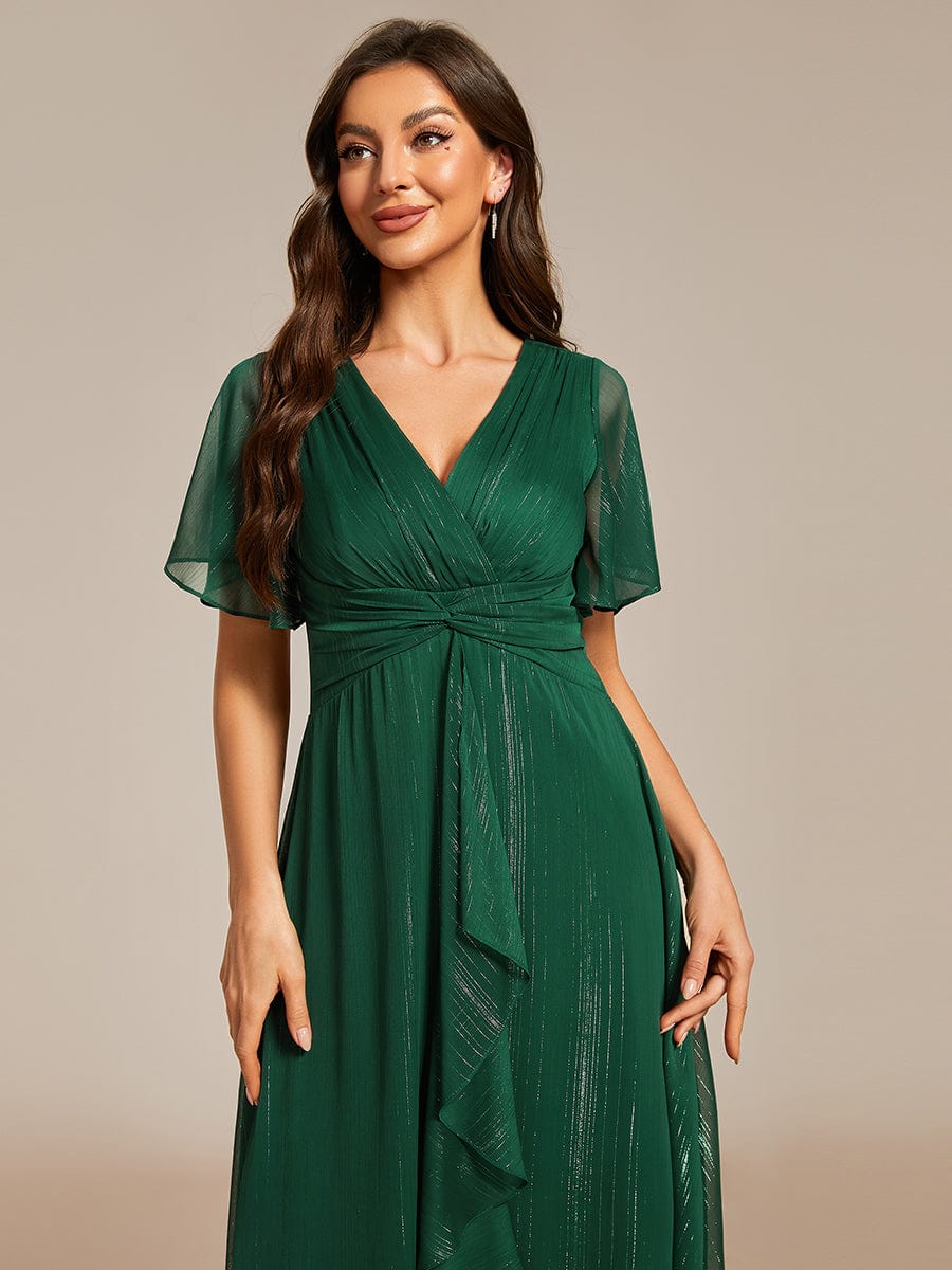 Robe d'invité de mariage mi-longue trapèze à manches courtes et paillettes avec ourlet à volants #Couleur_Vert Fonce