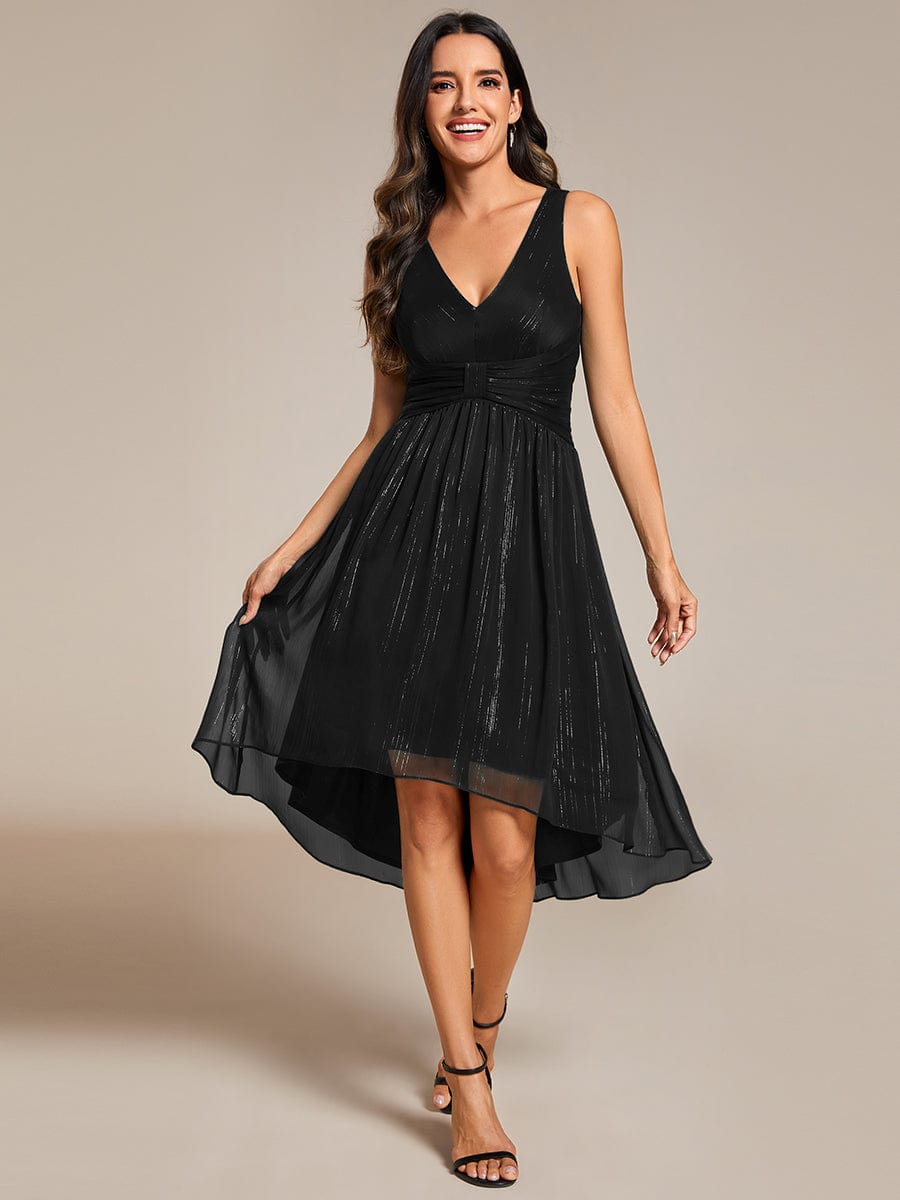 Robe d'invité de mariage plissée sans manches à taille haute et basse à paillettes #Couleur_Noir