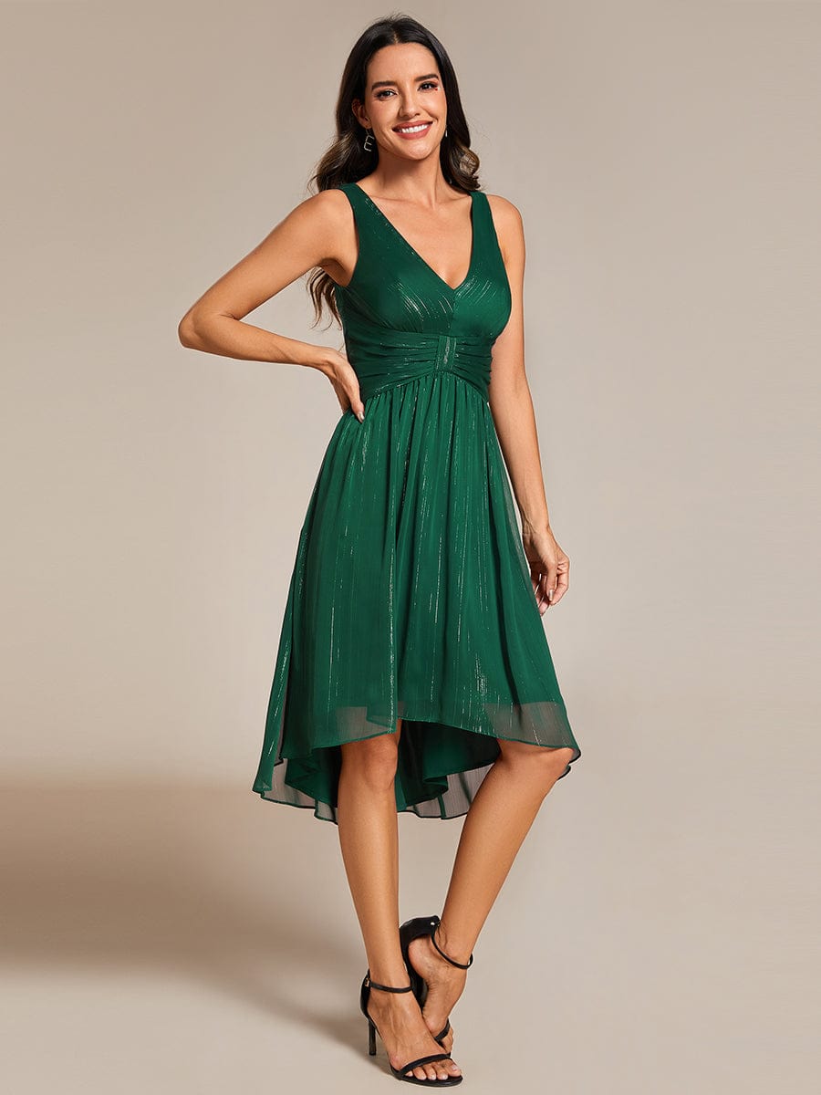 Robe d'invité de mariage plissée sans manches à taille haute et basse à paillettes #Couleur_Vert Fonce