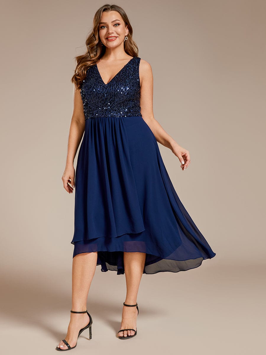 Robe d'invité de mariage élégante en mousseline de soie avec corsage à paillettes et col en V sans manches #Couleur_Bleu Marine