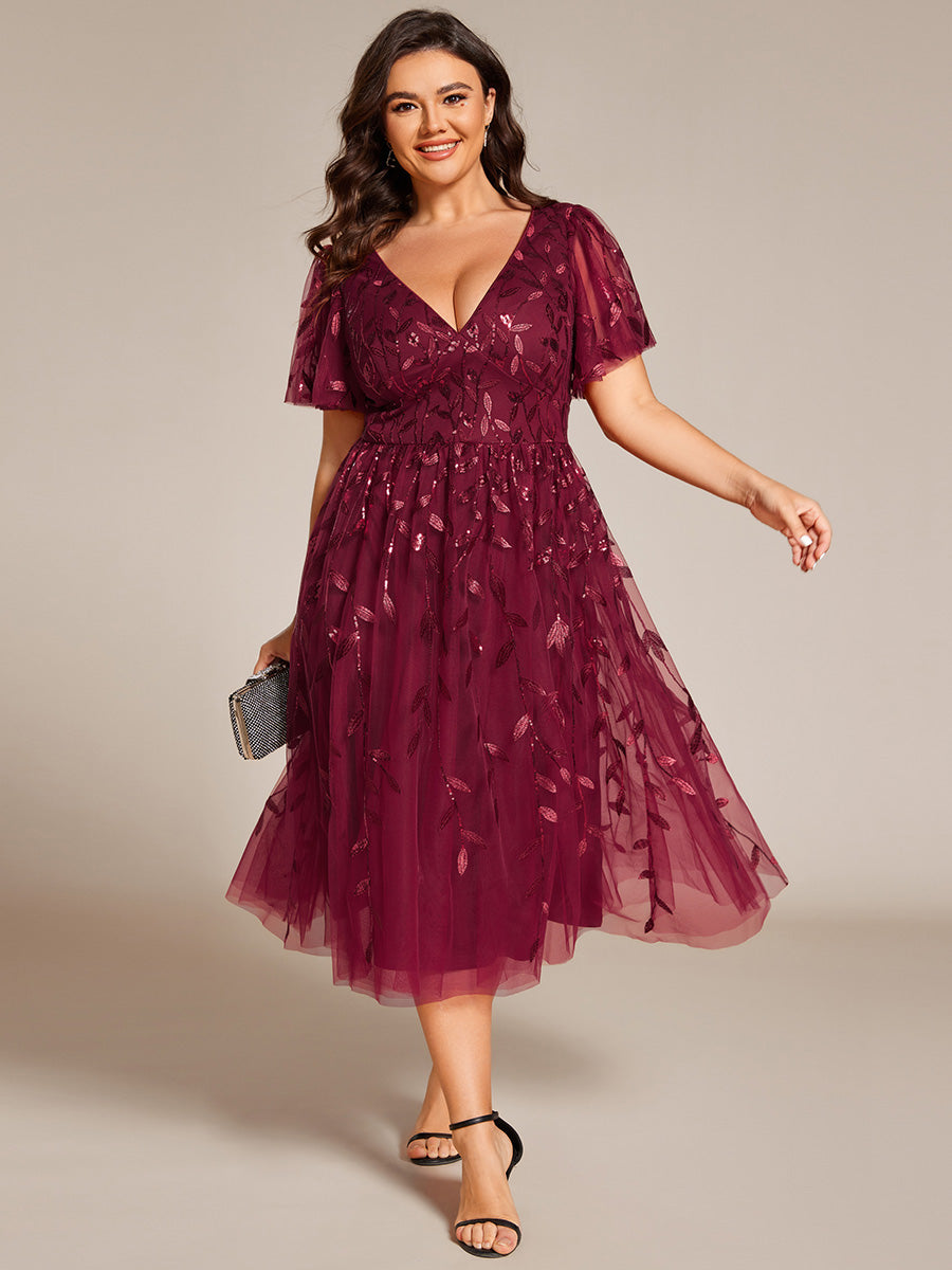 Robe d'invité de mariage formelle en tulle mi-longue scintillante de grande taille avec paillettes de feuilles #Couleur_Bordeaux