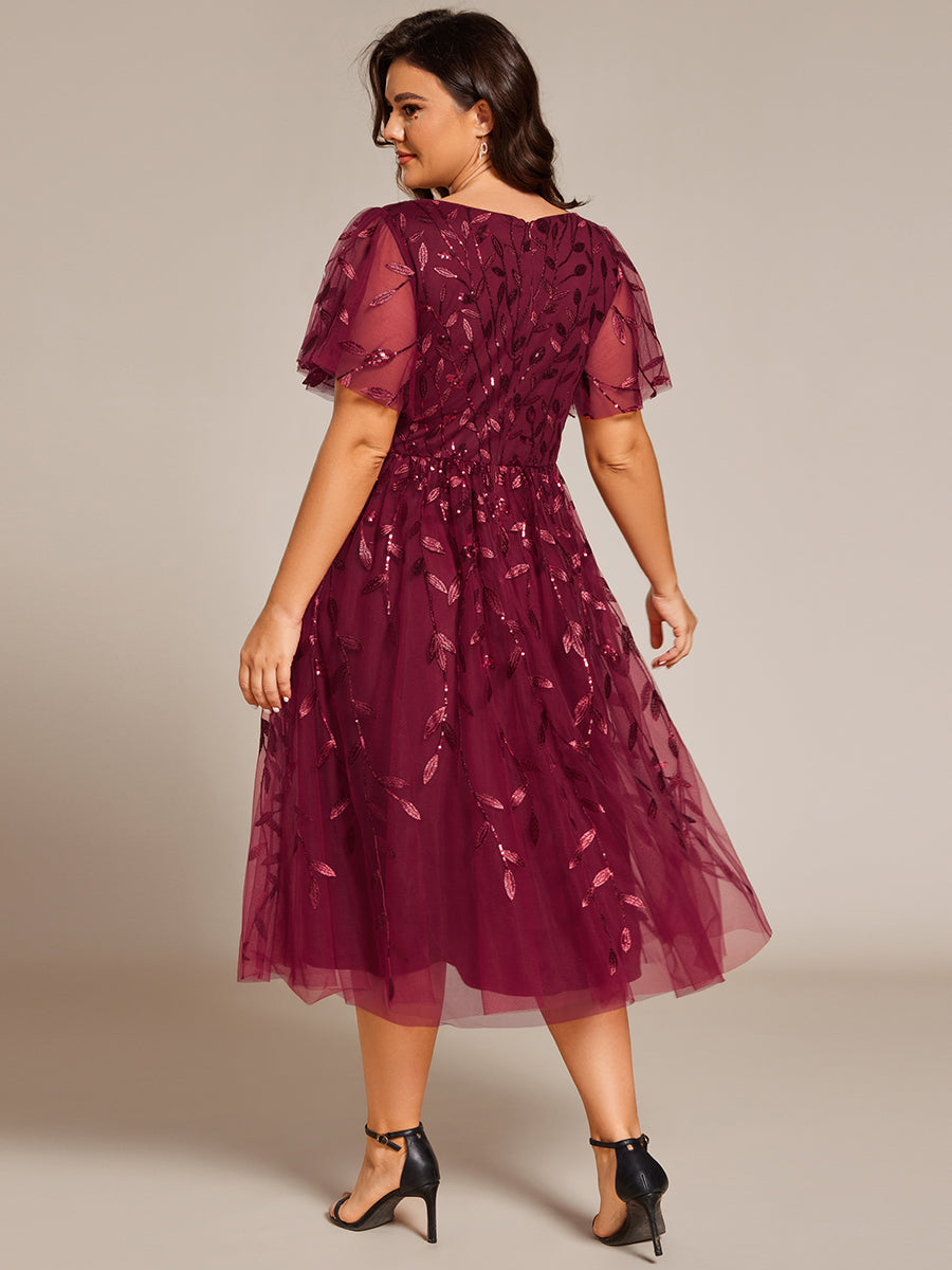 Robe d'invité de mariage formelle en tulle mi-longue scintillante de grande taille avec paillettes de feuilles #Couleur_Bordeaux