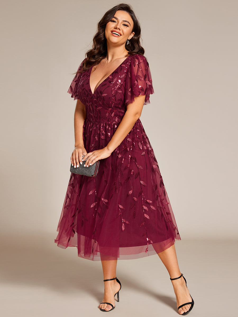 Robe d'invité de mariage formelle en tulle mi-longue scintillante de grande taille avec paillettes de feuilles #Couleur_Bordeaux