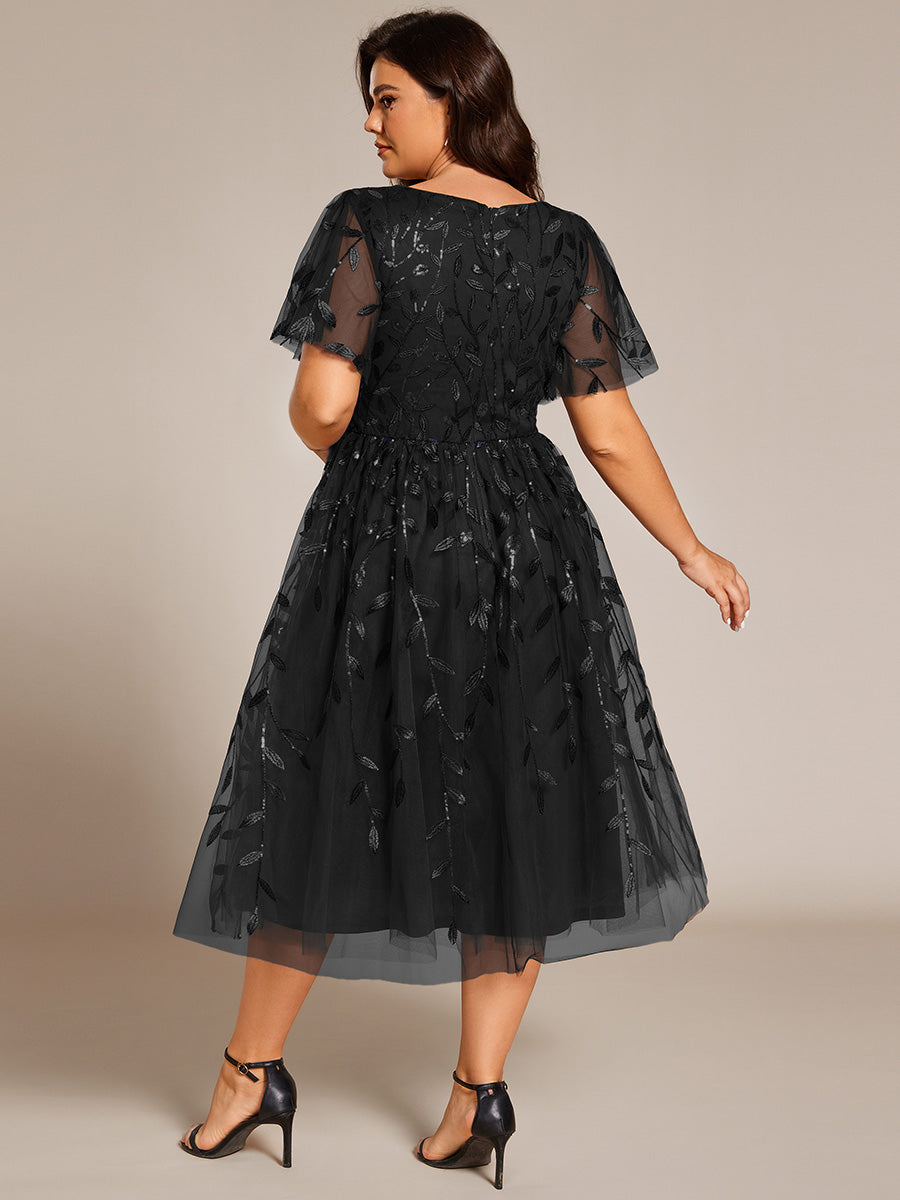 Robe d'invité de mariage formelle en tulle mi-longue scintillante de grande taille avec paillettes de feuilles #Couleur_Noir