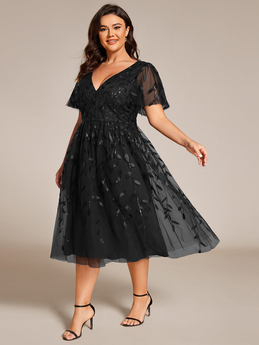 Robe d'invité de mariage formelle en tulle mi-longue scintillante de grande taille avec paillettes de feuilles #Couleur_Noir