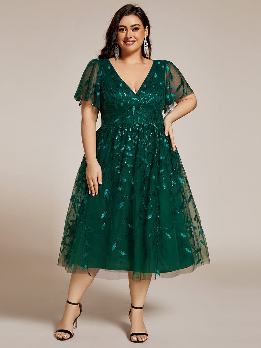 Robe d'invité de mariage formelle mi-longue à paillettes et feuilles à manches courtes #Couleur_Vert Fonce