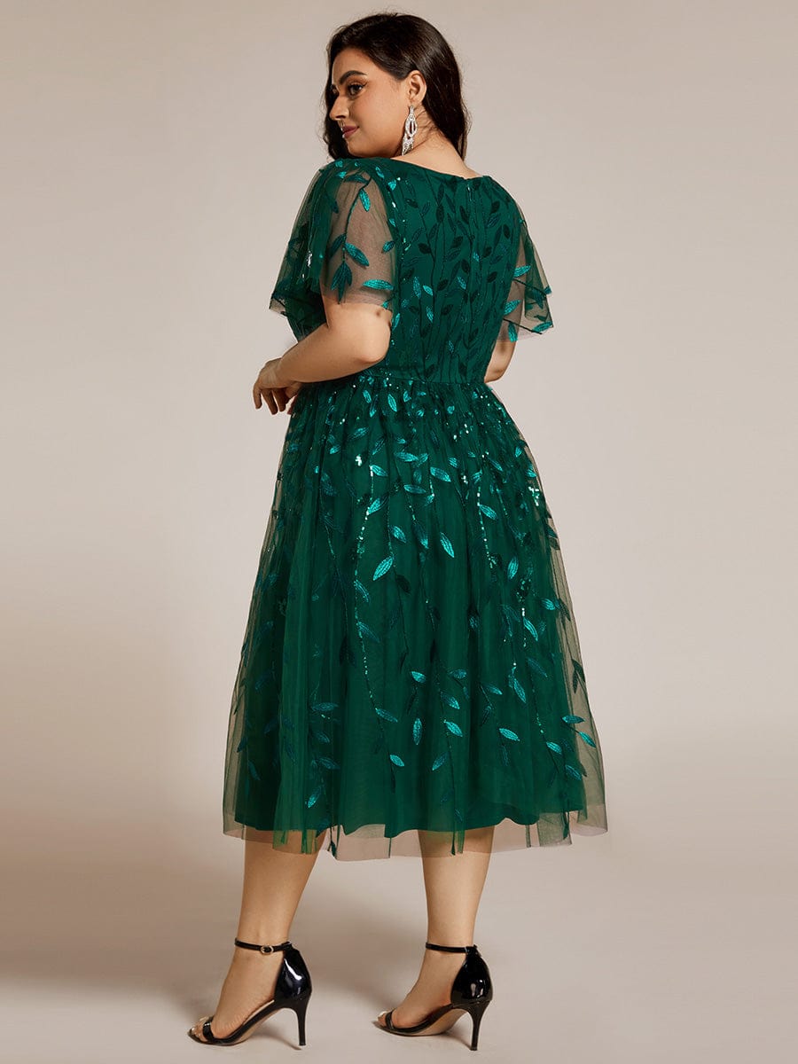 Robe d'invité de mariage formelle mi-longue à paillettes et feuilles à manches courtes #Couleur_Vert Fonce