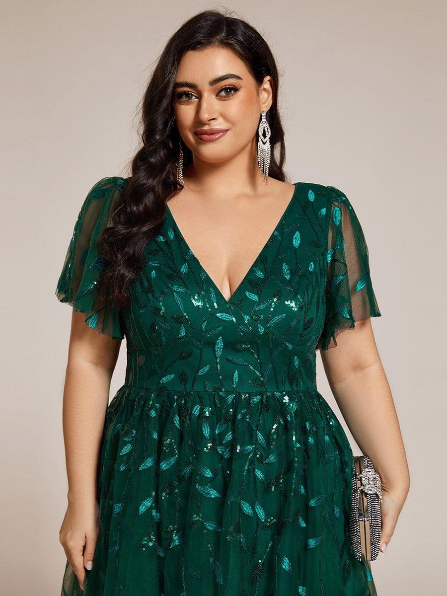 Robe d'invité de mariage formelle en tulle mi-longue scintillante de grande taille avec paillettes de feuilles #Couleur_Vert Fonce