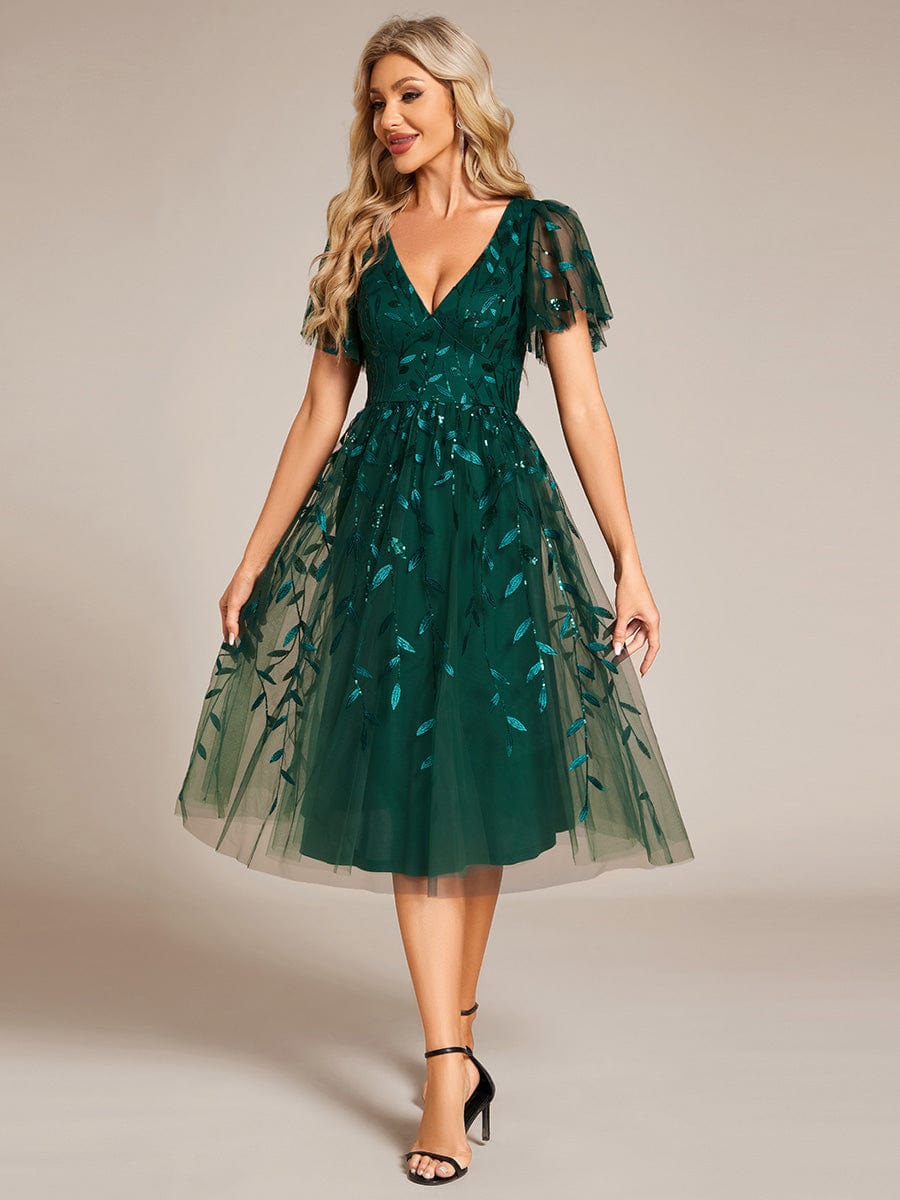 Robe d'invité de mariage formelle mi-longue à paillettes et feuilles à manches courtes #Couleur_Vert Fonce