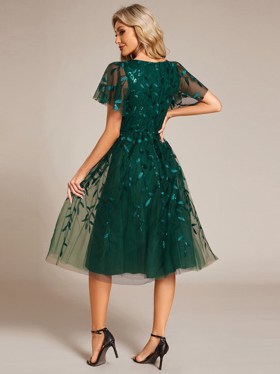 Robe d'invité de mariage formelle mi-longue à paillettes et feuilles à manches courtes #Couleur_Vert Fonce