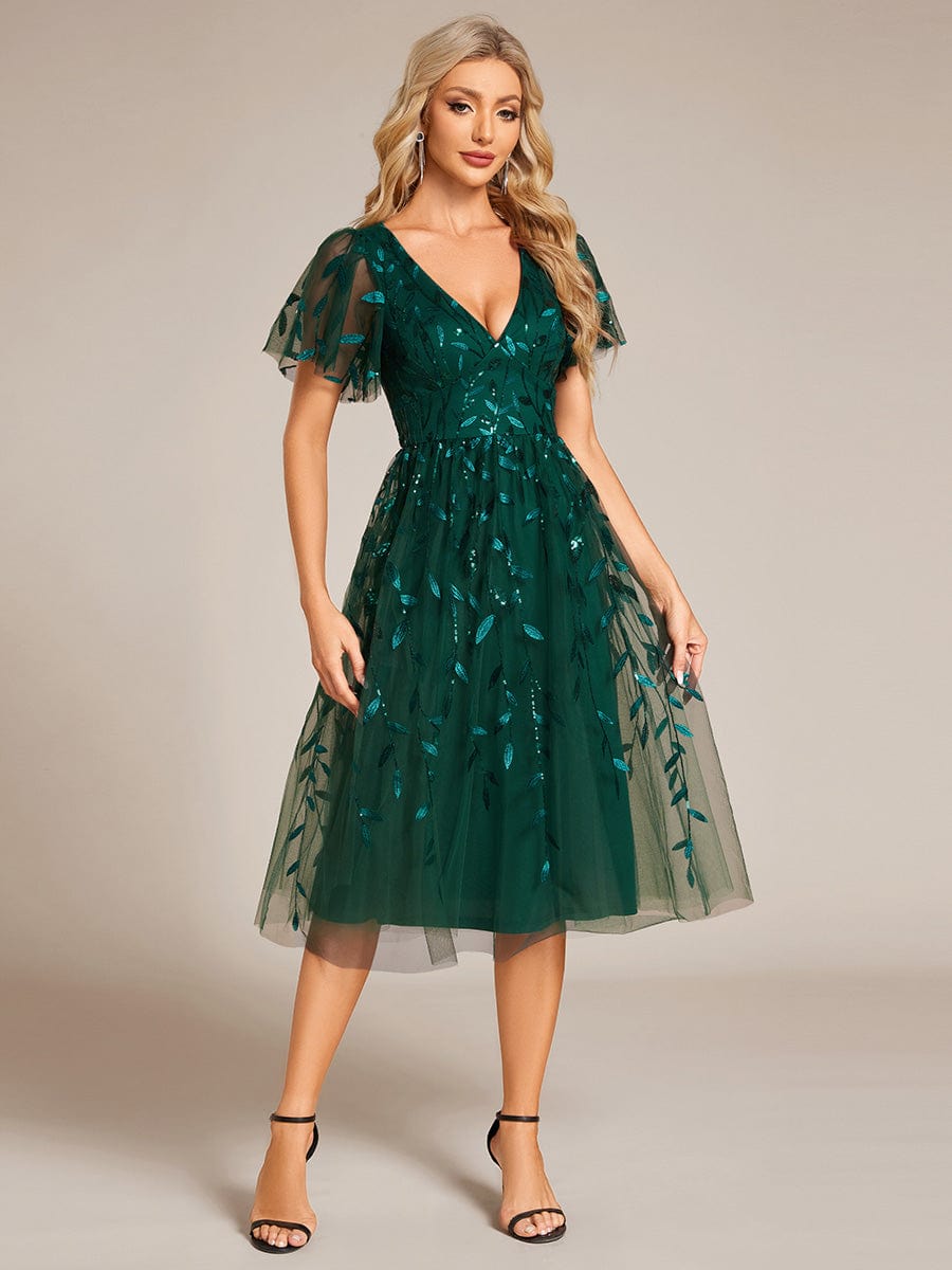 Robe d'invité de mariage formelle mi-longue à paillettes et feuilles à manches courtes #Couleur_Vert Fonce