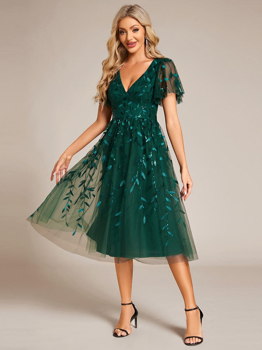 Robe d'invité de mariage formelle mi-longue à paillettes et feuilles à manches courtes #Couleur_Vert Fonce