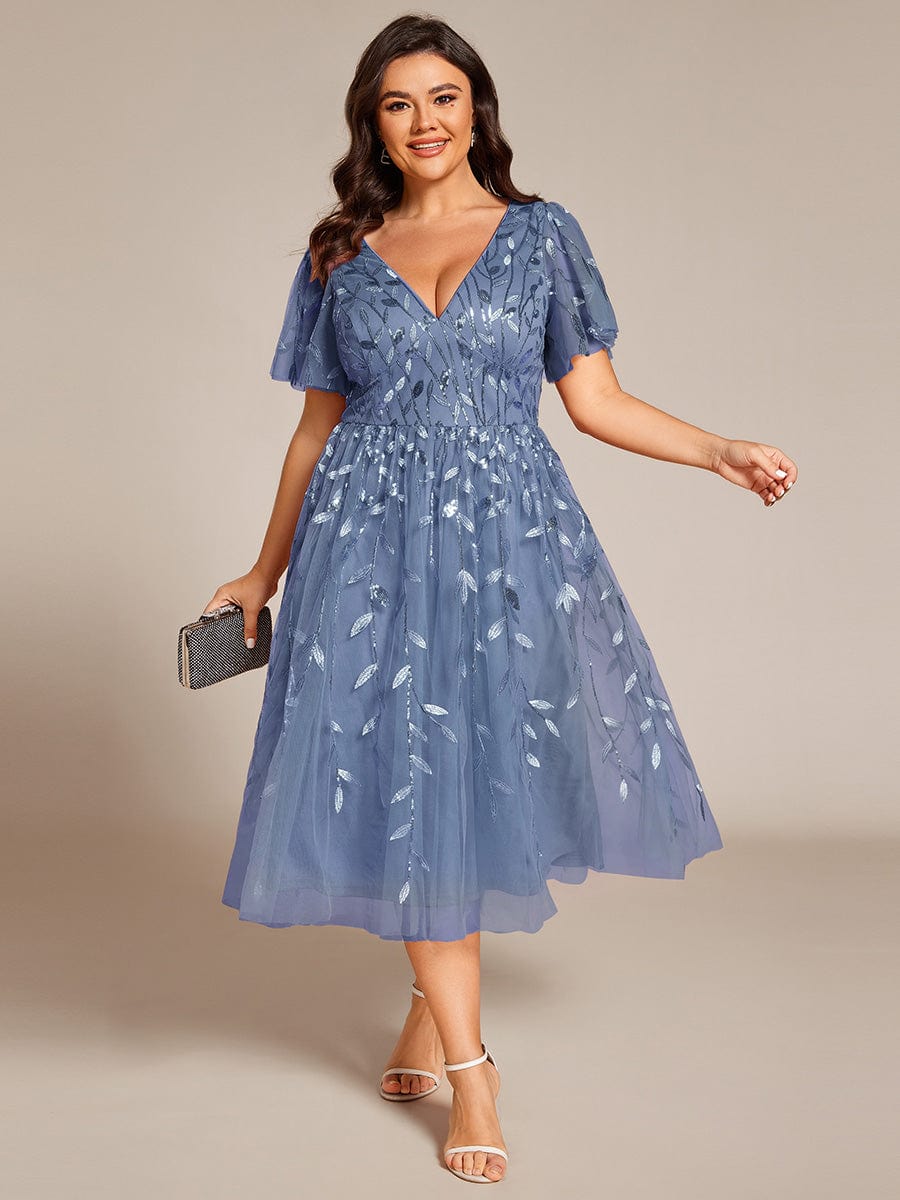 Robe d'invité de mariage formelle en tulle mi-longue scintillante de grande taille avec paillettes de feuilles #Couleur_Marine Fume