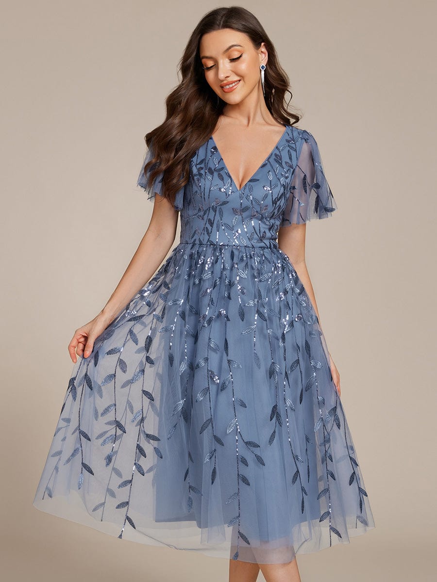 Robe d'invité de mariage formelle mi-longue à paillettes et feuilles à manches courtes #Couleur_Marine Fume