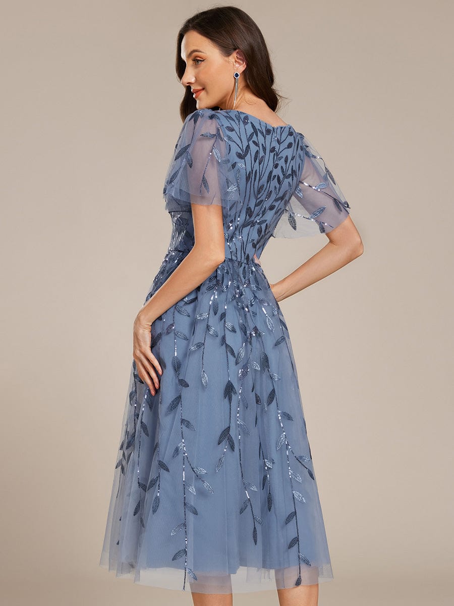 Robe d'invité de mariage formelle mi-longue à paillettes et feuilles à manches courtes #Couleur_Marine Fume