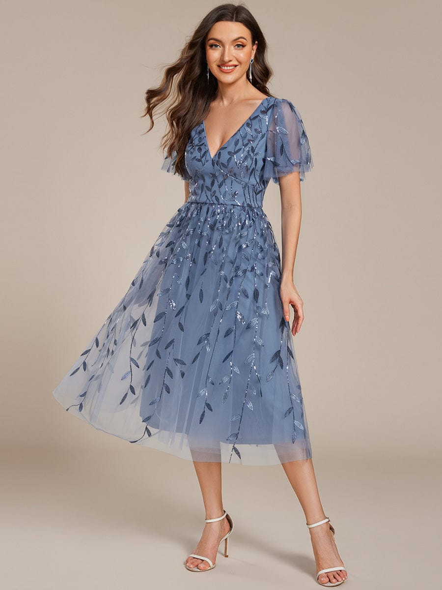 Robe d'invité de mariage formelle mi-longue à paillettes et feuilles à manches courtes #Couleur_Marine Fume